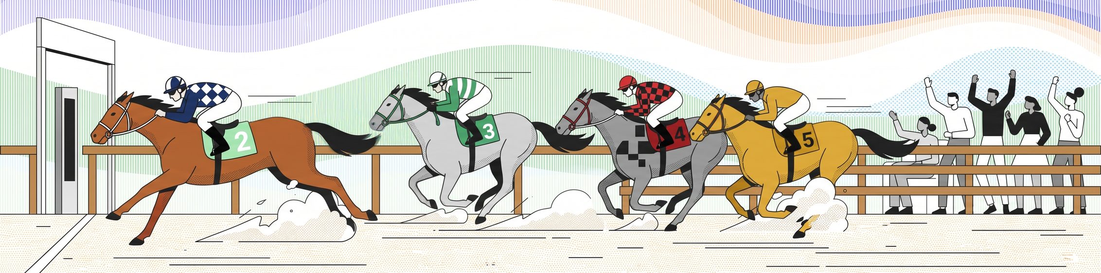Course de plat : quatre chevaux au galop devant la tribune